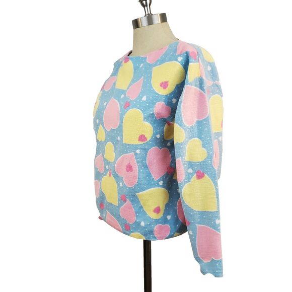 Vintage Gitano All Over Heart Print Sweater M Pink Blue Kidcore Pastel Anime 80s - Picture 3 of 10